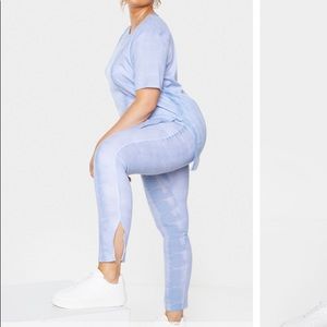 Plus Dusty Blue Tie Dye Rib Split Side Oversized T-Shirt